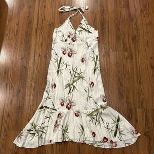 Milson Kys Hawaiian Dress Womens Large Cream Floral Halter Neck Midi Ruffle USA